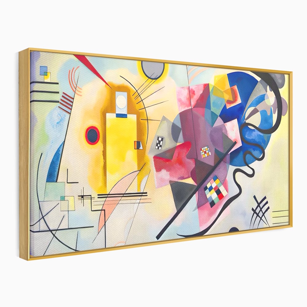 Tablou canvas cu pictura abstracta cu forme geometriche si linii, in rama de aluminiu auriu